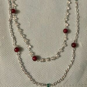 2 Handmade silver tone link chains w Red Green Glass Bead Accents -3 looks in 1